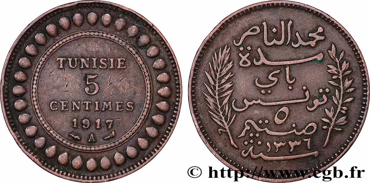 TUNESIEN - Französische Protektorate  5 Centimes AH1336 1917 Paris SS 