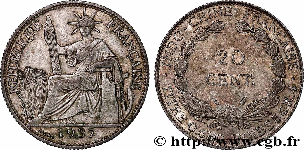 FRENCH INDOCHINA 20 Centièmes 1937 Paris AU 