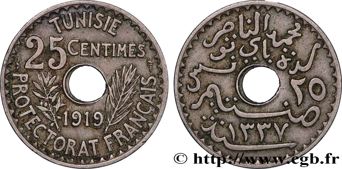 TUNISIE - PROTECTORAT FRANÇAIS 25 Centimes AH 1337 1919 Paris TTB 