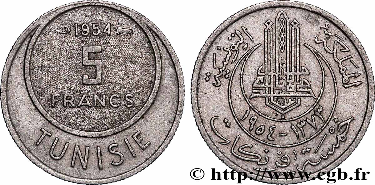 TUNESIEN - Französische Protektorate  5 Francs AH1373 1954 Paris VZ 
