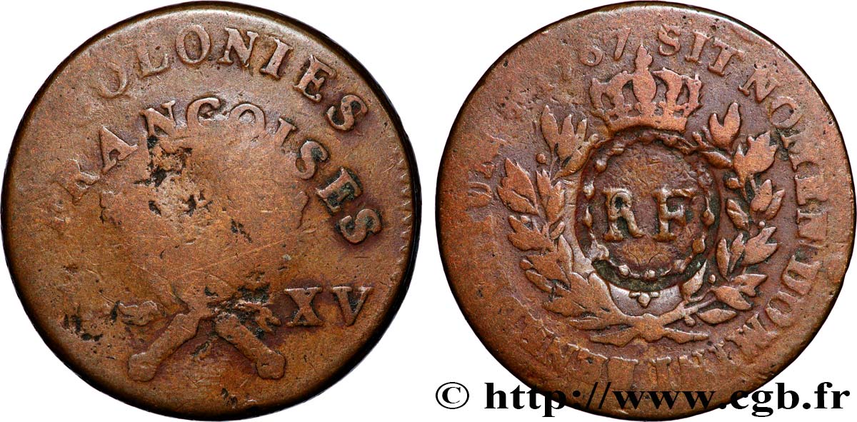 GUADELOUPE 3 sous 9 deniers ou 1/4 d’esqualin contremarqué RF 1793  TB 