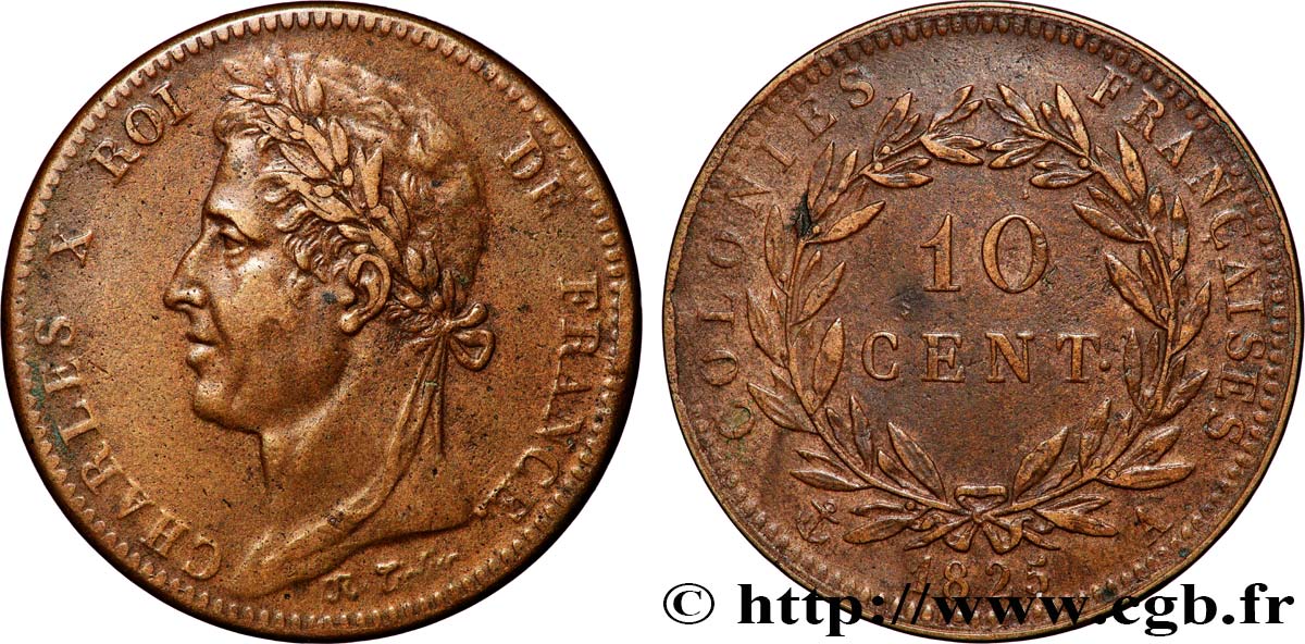 COLONIES FRANÇAISES - Charles X, pour la Guyane et le Sénégal 10 Centimes Charles X 1825 Paris - A TTB 