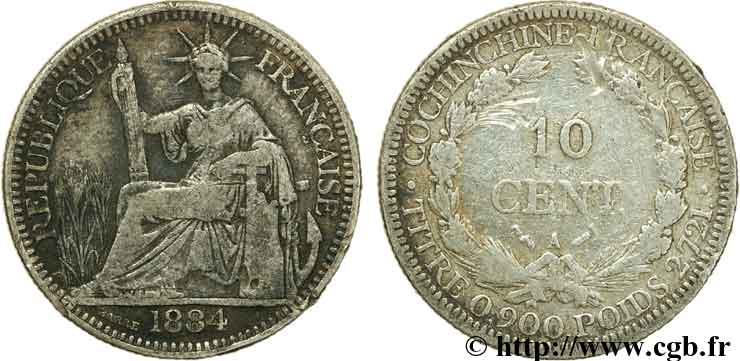 FRENCH COCHINCHINA 10 centimes 1884 Paris VF 