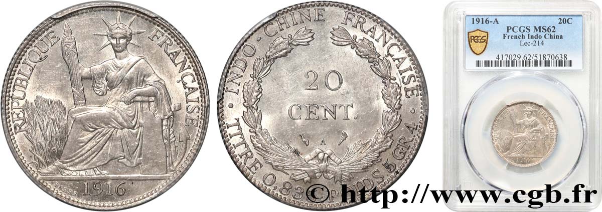 INDOCHINE FRANÇAISE 20 Centièmes 1916 Paris SUP62 PCGS