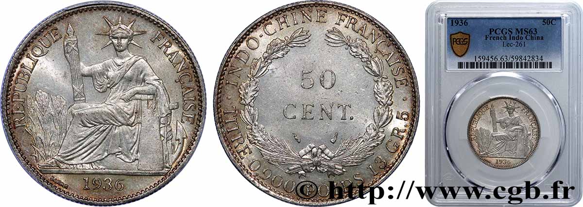 FRANZÖSISCHE-INDOCHINA 50 Centièmes 1936 Paris fST63 PCGS