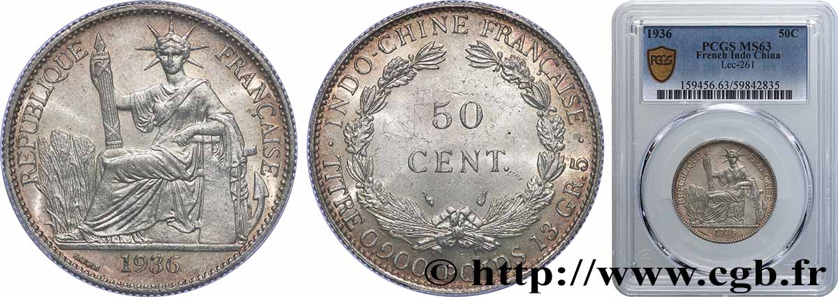 INDOCHINE FRANÇAISE 50 Centièmes 1936 Paris SPL63 PCGS