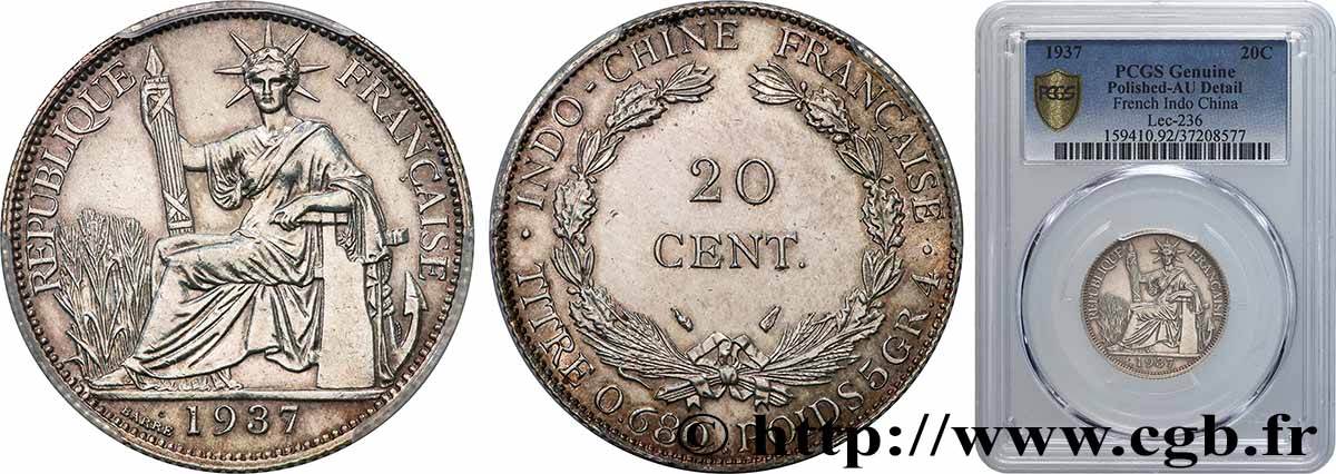 INDOCHINE FRANÇAISE 20 Centièmes 1937 Paris SUP PCGS