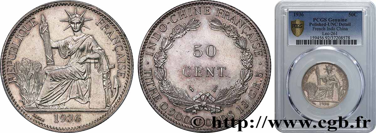 FRANZÖSISCHE-INDOCHINA 50 Centièmes 1936 Paris fST PCGS