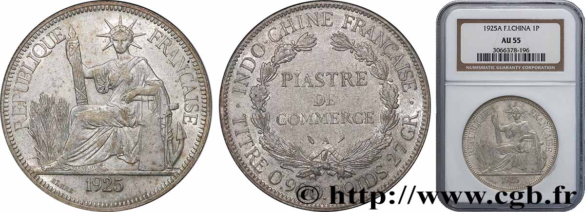 INDOCHINE FRANÇAISE 1 Piastre de Commerce 1925 Paris SUP55 NGC