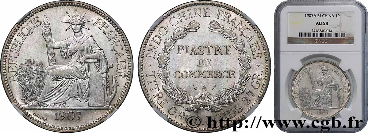 INDOCINA FRANCESE 1 Piastre de Commerce 1907 Paris SPL58 NGC