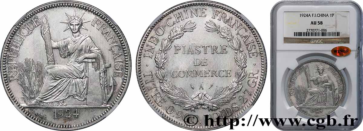 INDOCHINE FRANÇAISE 1 Piastre de Commerce 1924 Paris SUP58 NGC