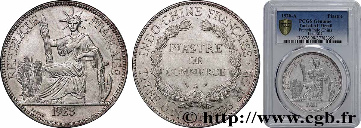 INDOCHINE FRANÇAISE 1 Piastre de Commerce 1928 Paris SUP PCGS
