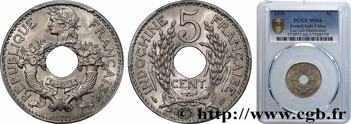 INDOCHINE FRANÇAISE 5 Centièmes 1938 Paris FDC66 PCGS