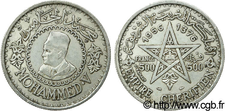 MOROCCO - FRENCH PROTECTORATE 500 Francs Empire chérifien Mohammed V AH1376 1956 Paris XF 
