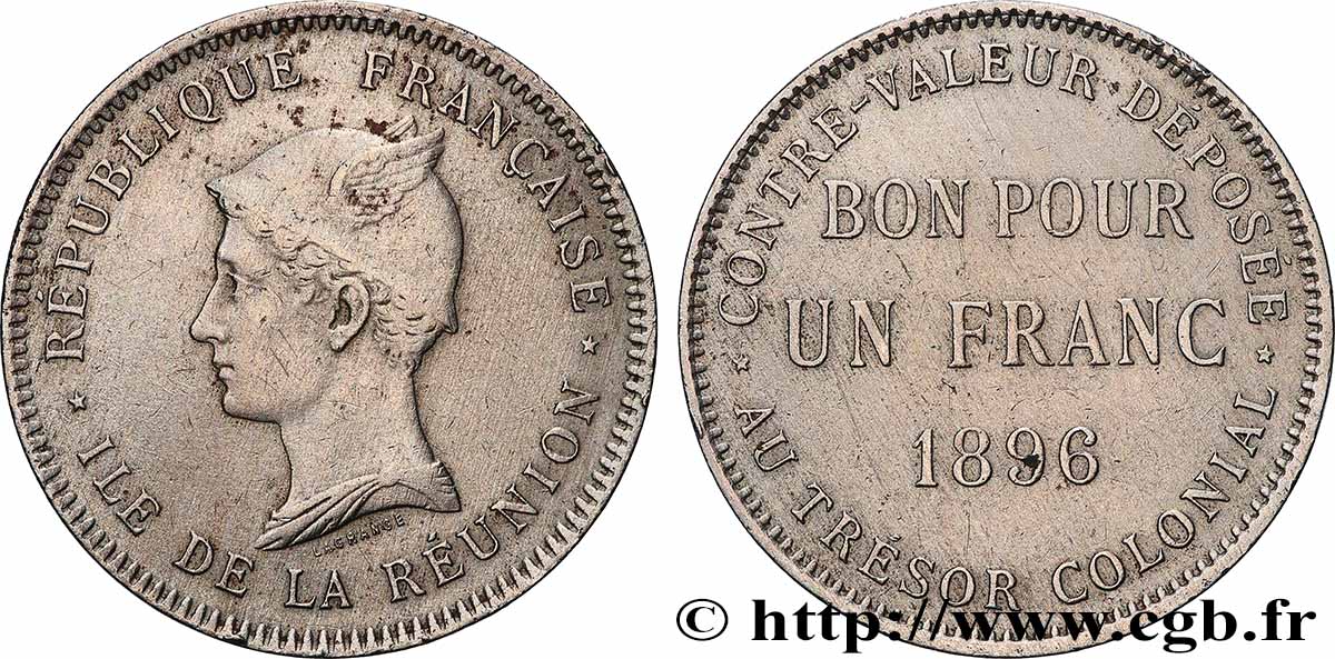 ÎLE DE LA RÉUNION - Troisième République Bon pour 1 Franc 1896 Paris TTB 