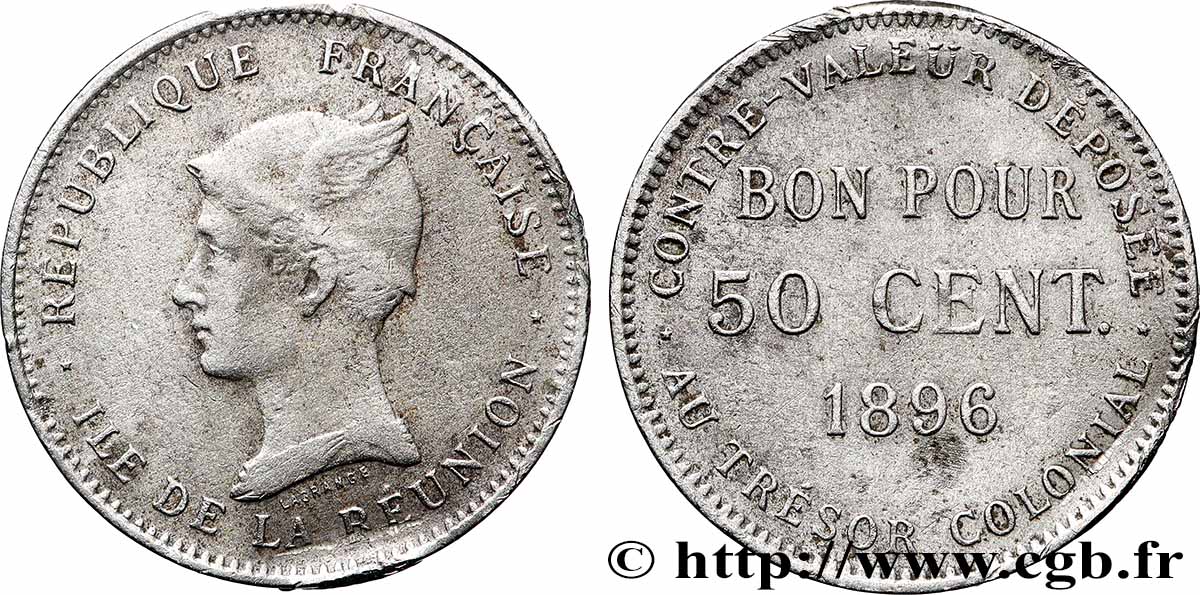 ÎLE DE LA RÉUNION - Troisième République Bon pour 50 Centimes 1896 sans atelier TB+ 