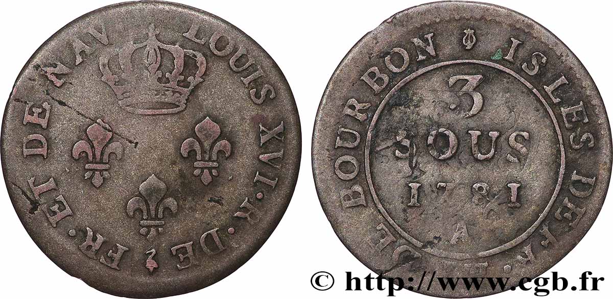 ÎLES DE FRANCE ET DE BOURBON (ÎLES DE LA RÉUNION ET MAURICE) 3 sous 1781 Paris TB 