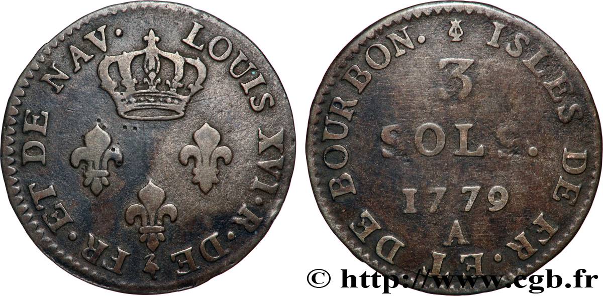 ISLES DE FRANCE ET BOURBON 3 Sols 1779 Paris TB 