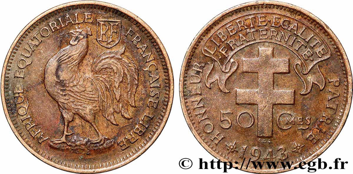 AFRIQUE ÉQUATORIALE FRANÇAISE - FRANCE LIBRE 50 Centimes 1943 Prétoria TTB 