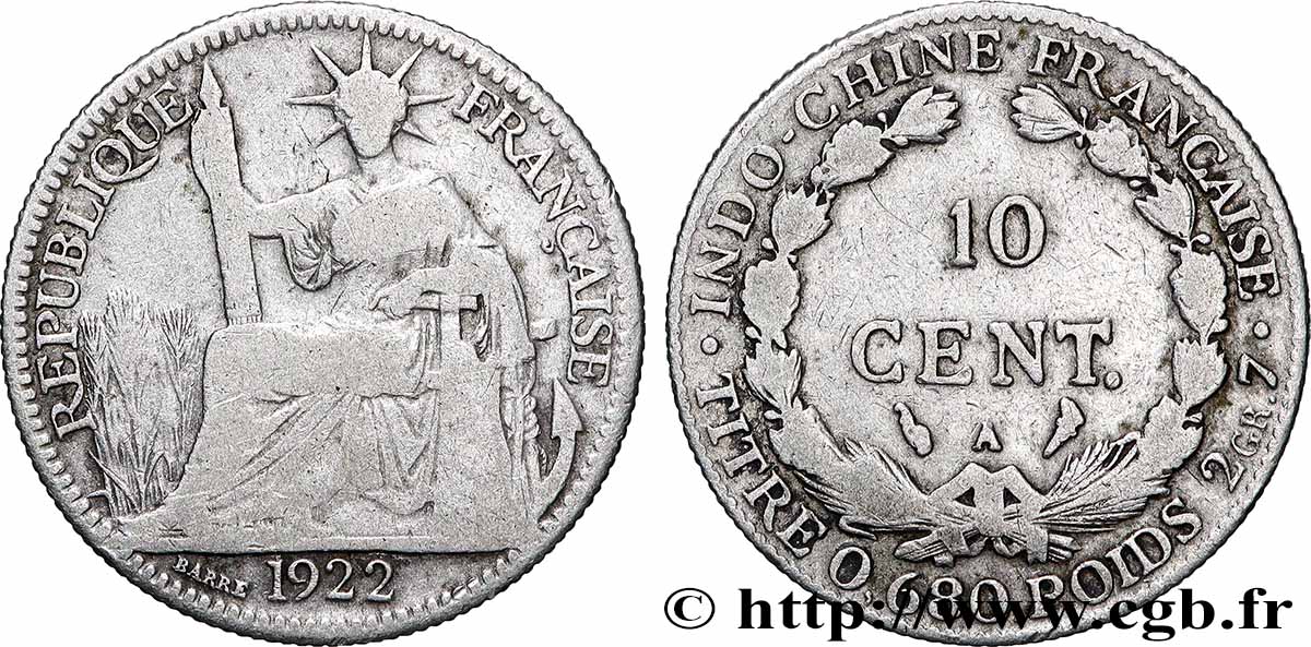 INDOCHINE FRANÇAISE 10 Centièmes 1922 Paris TB 