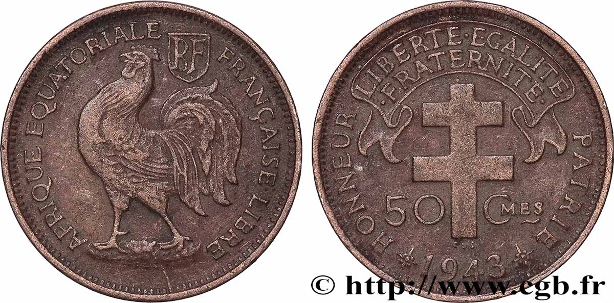 AFRIQUE ÉQUATORIALE FRANÇAISE - FRANCE LIBRE 50 Centimes 1943 Prétoria TTB 
