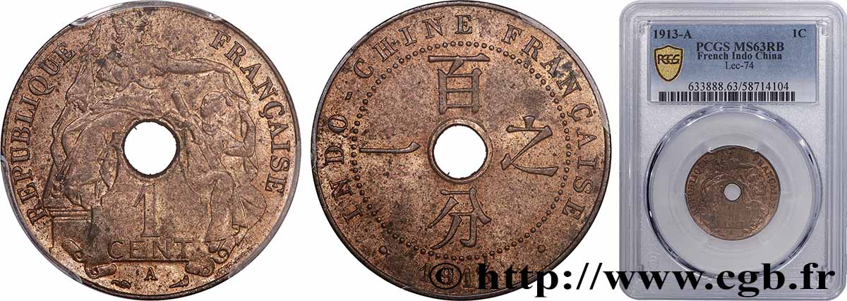 INDOCHINE FRANÇAISE 1 Centième 1913 Paris SPL63 PCGS