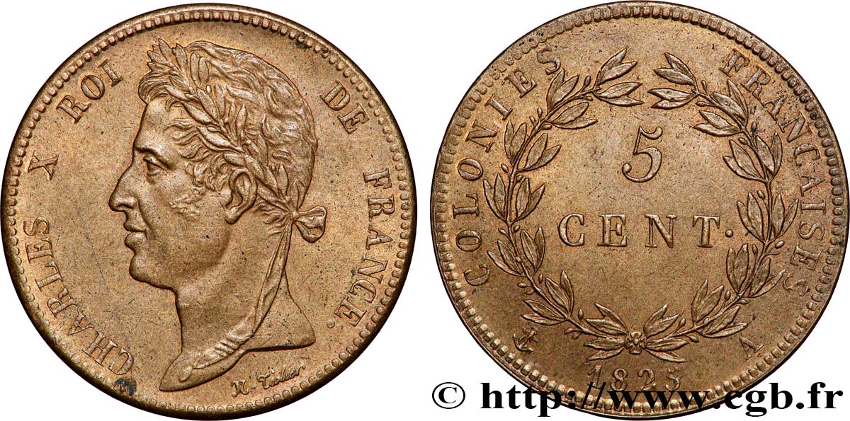 COLONIES FRANÇAISES - Charles X, pour la Guyane et le Sénégal 5 Centimes Charles X 1825 Paris - A TTB+ 