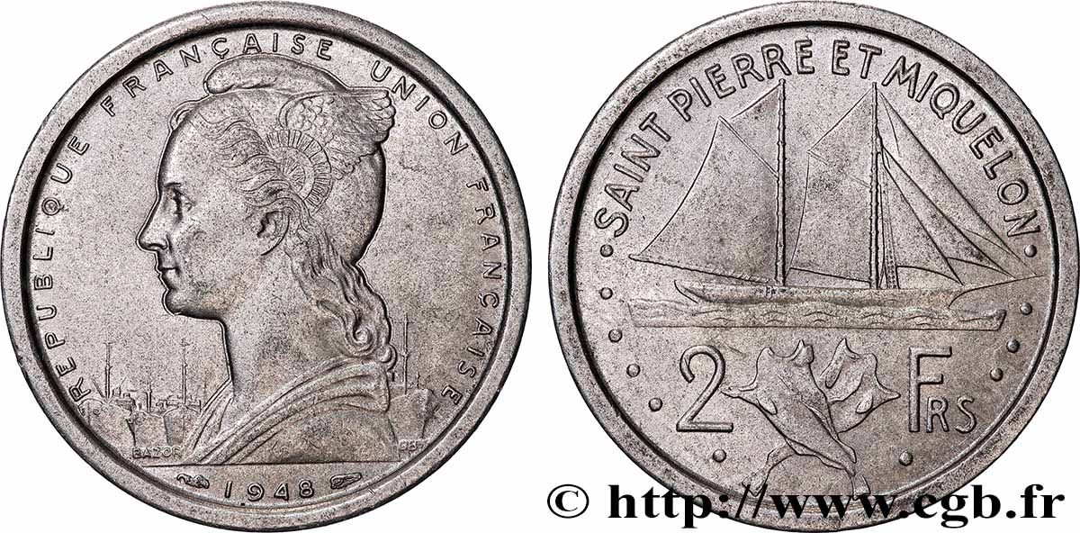SAINT PIERRE AND MIQUELON 2 Francs Union Française 1948 Paris AU 