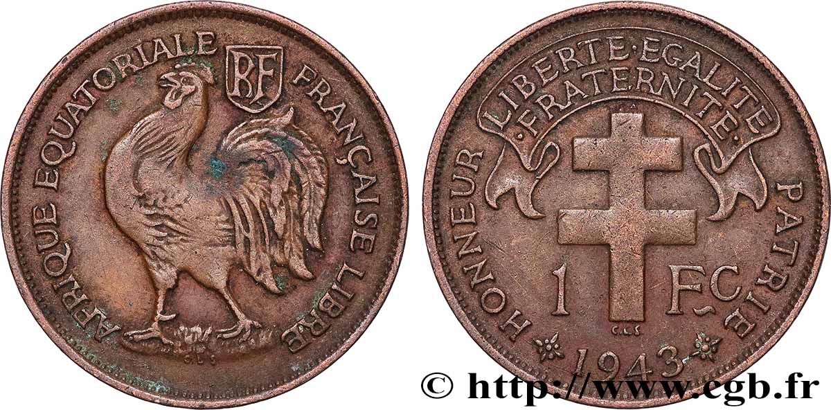 AFRIQUE ÉQUATORIALE FRANÇAISE - FRANCE LIBRE 1 Franc 1943 Prétoria TTB 