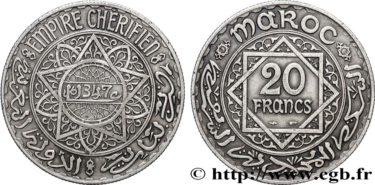 MAROC - PROTECTORAT FRANÇAIS 20 Francs AH 1347 1928 Paris TTB+ 