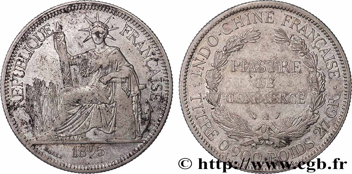 FRENCH INDOCHINA 1 Piastre de Commerce 1895 Paris XF 