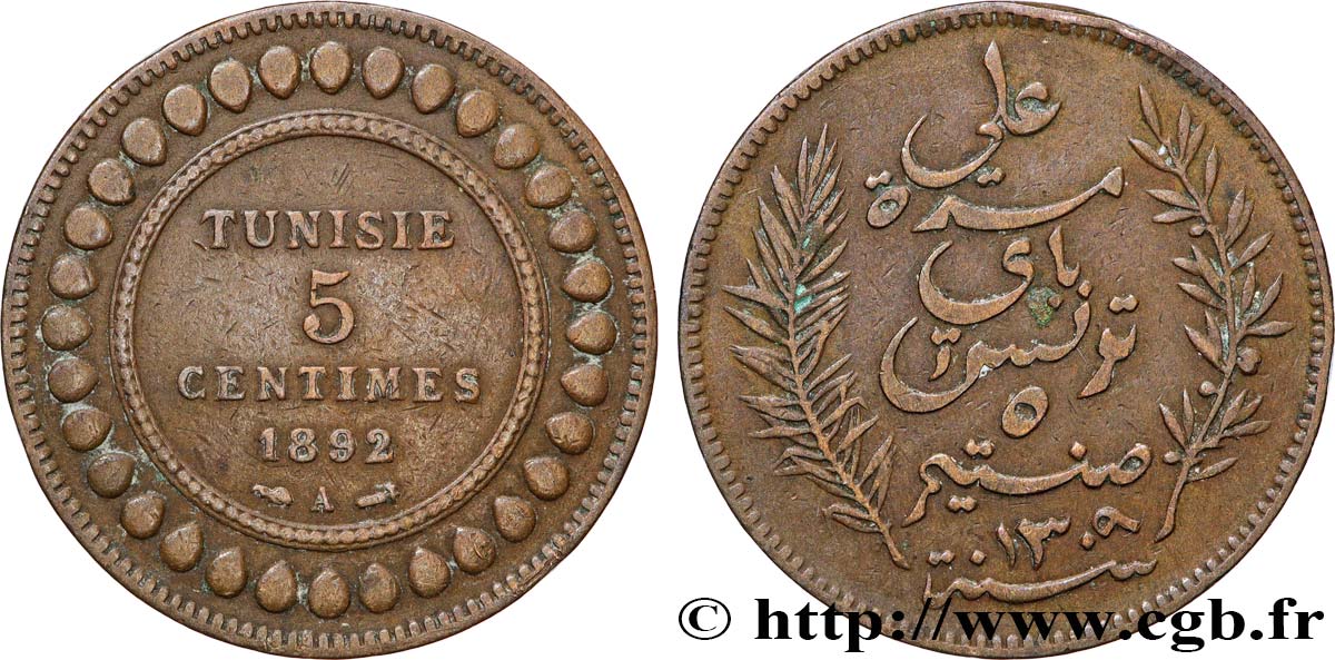TUNISIA - Protettorato Francese 5 Centimes AH1309 1892 Paris BB 