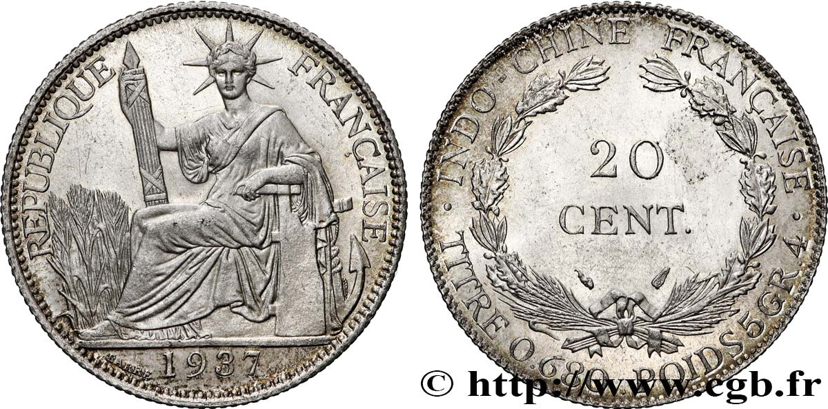 FRENCH INDOCHINA 20 Centièmes 1937 Paris AU 