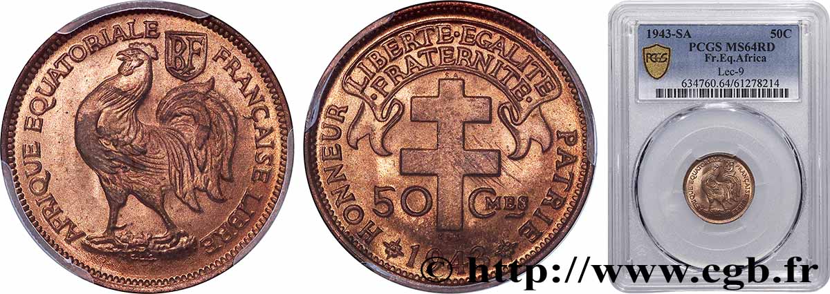 FRANZÖSISCHE EQUATORIAL AFRICA - Freie Französische Streitkräfte 50 Centimes 1943 Prétoria fST64 PCGS