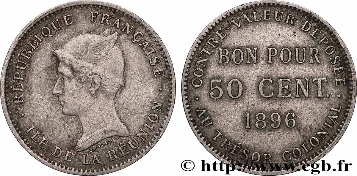 RÉUNION - III. REPUBLIK Bon pour 50 Centimes 1896 sans atelier fSS 