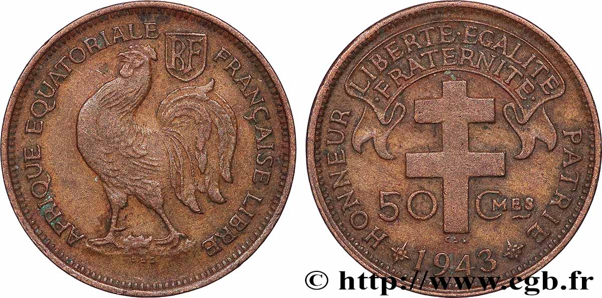 AFRIQUE ÉQUATORIALE FRANÇAISE - FRANCE LIBRE 50 Centimes 1943 Prétoria TTB+ 