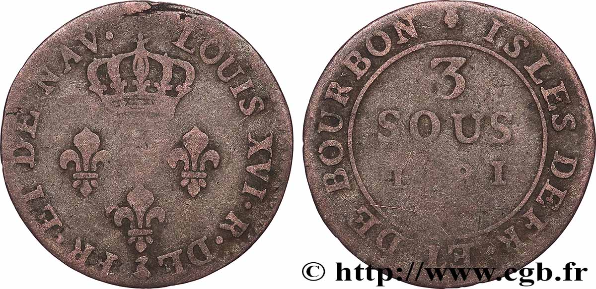 ÎLES DE FRANCE ET DE BOURBON (ÎLES DE LA RÉUNION ET MAURICE) 3 sous 1781 Paris S 