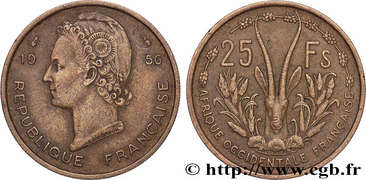 FRANZÖSISCHE WESTAFRIKA 25 Francs 1956 Paris fVZ 