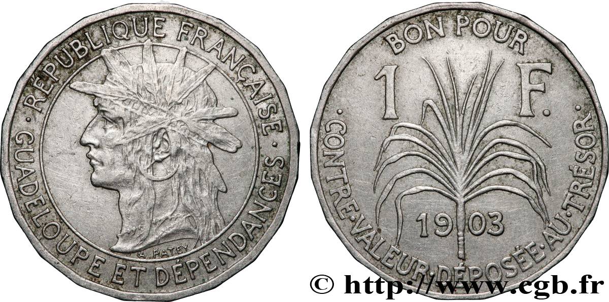 GUADELOUPE Bon pour 1 Franc indien caraïbe / canne à sucre 1903  AU 