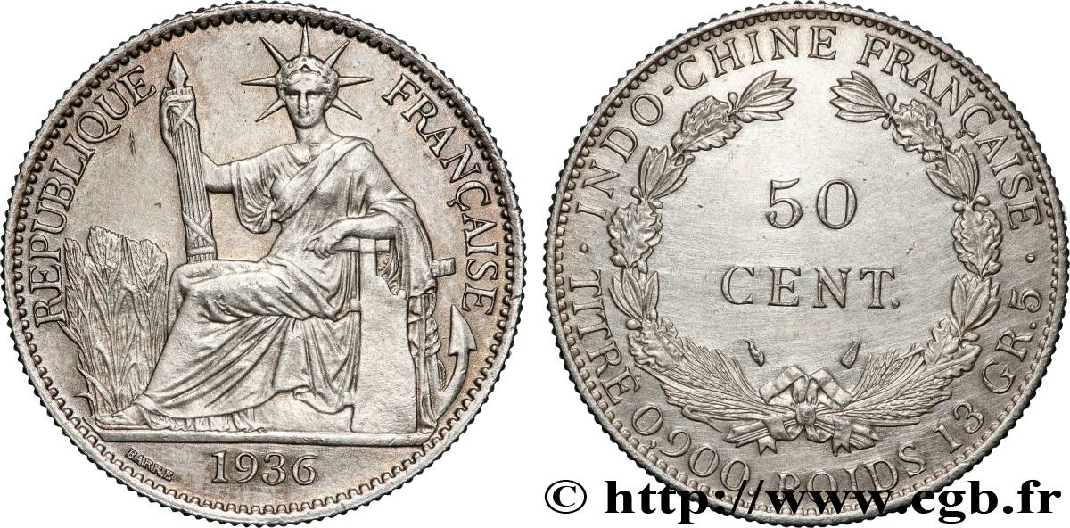 INDOCHINE FRANÇAISE 50 Centièmes 1936 Paris SUP 