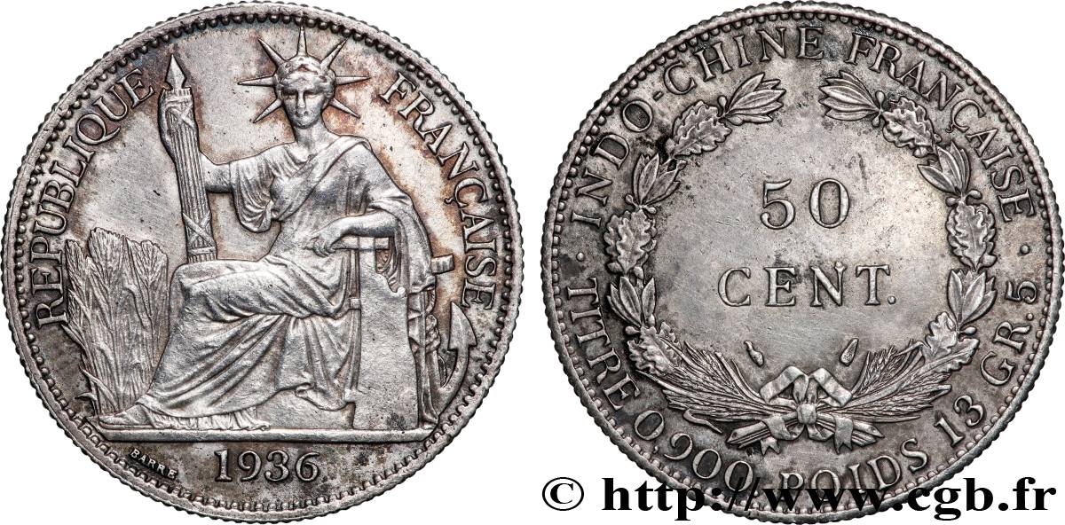 INDOCHINE FRANÇAISE 50 Centièmes 1936 Paris SUP 