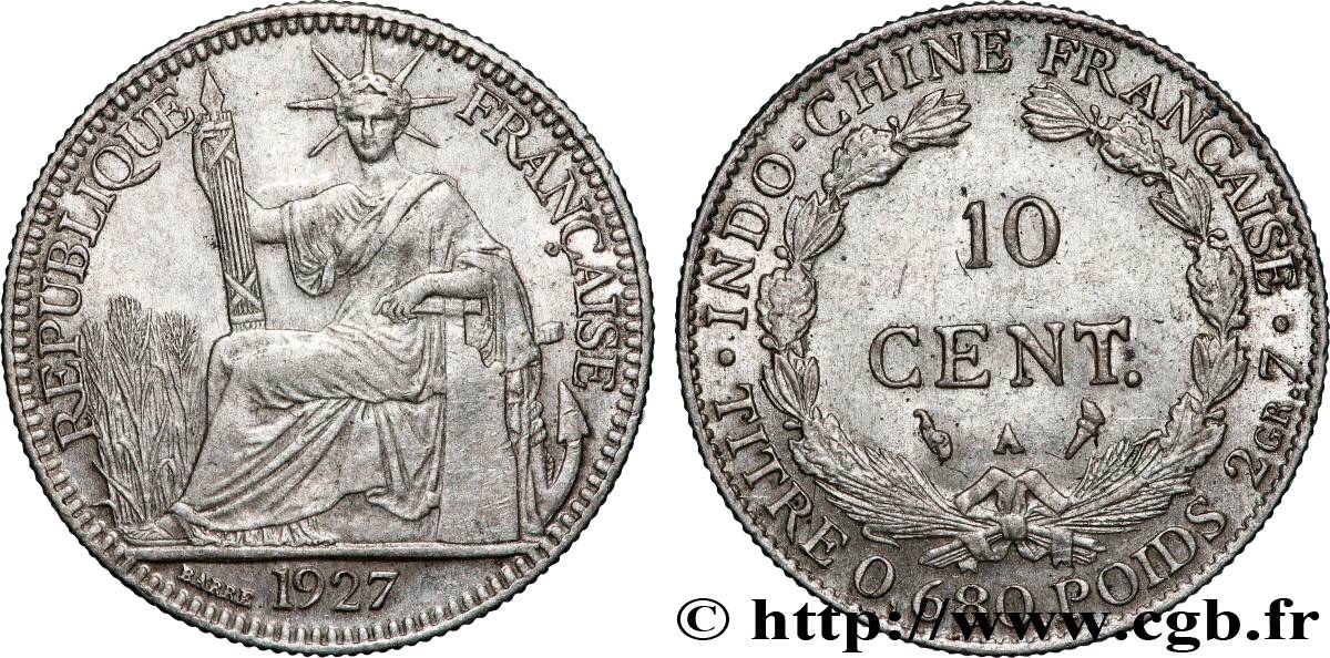 INDOCHINE FRANÇAISE 10 Centièmes 1927 Paris SUP 