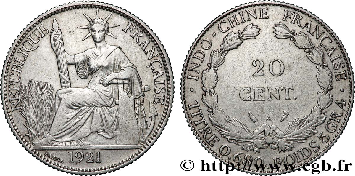 INDOCHINE FRANÇAISE 20 Centièmes 1921 Paris TB+ 