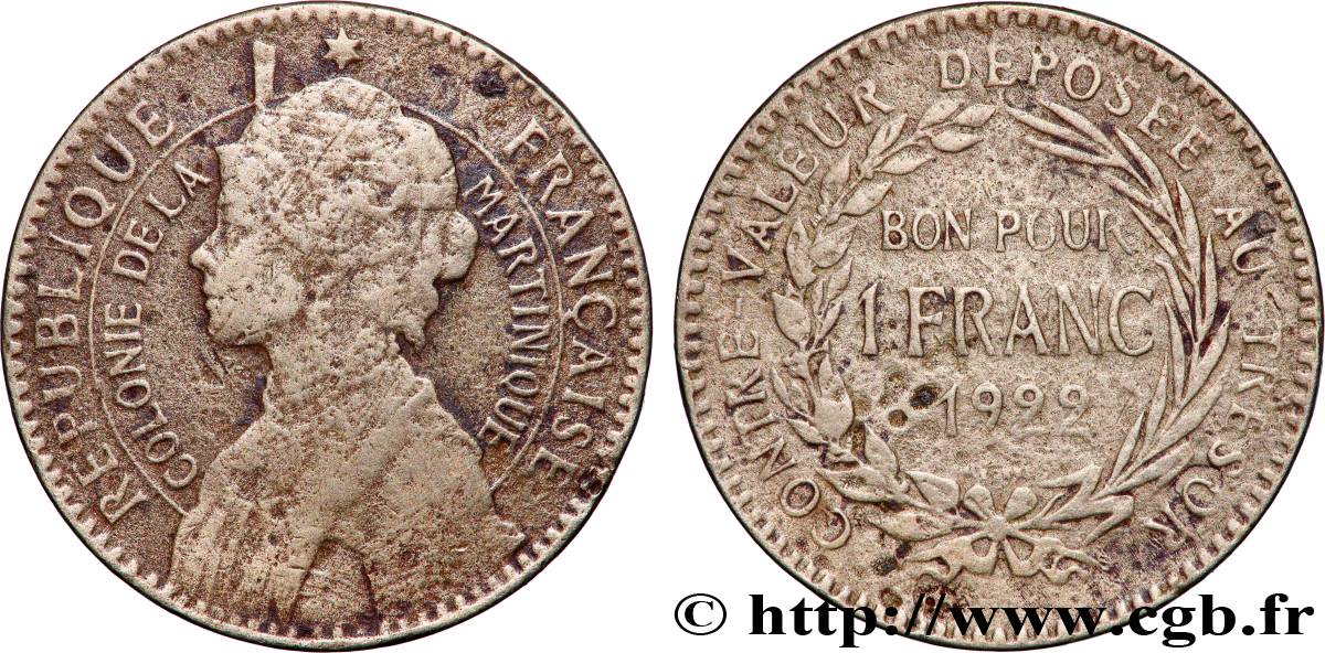 MARTINIQUE Bon pour 1 Franc Colonie de la Martinique 1922 sans atelier VF 