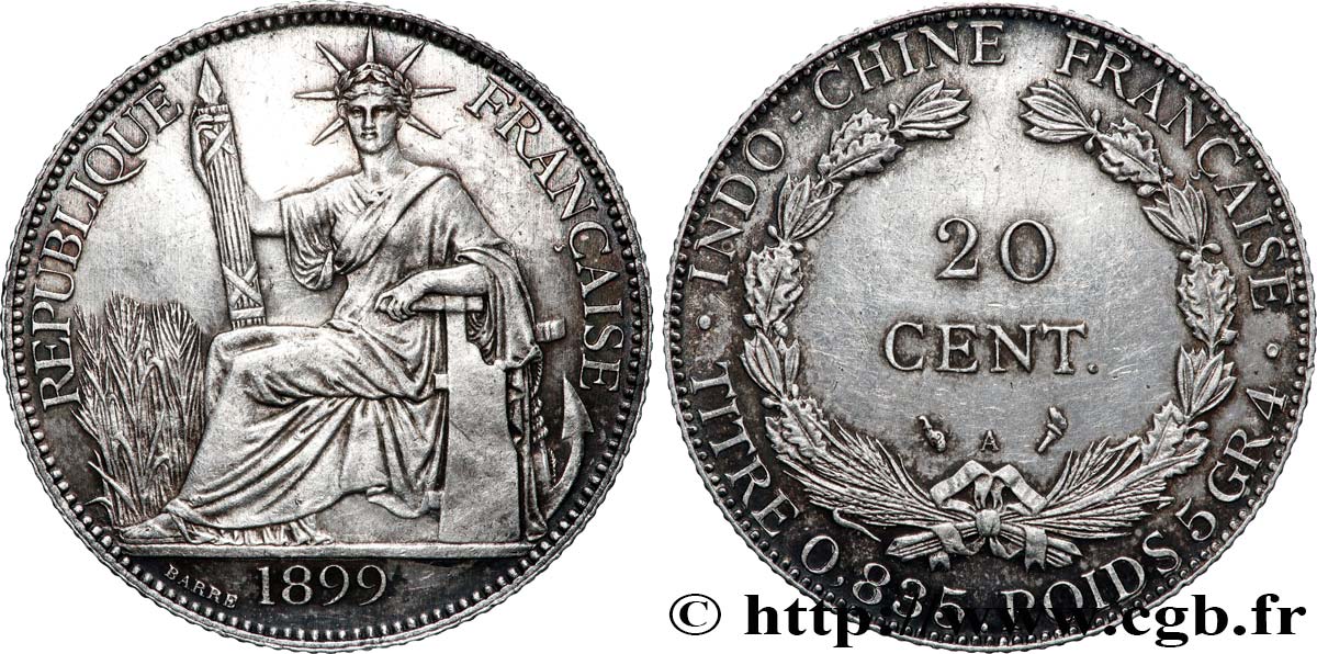 INDOCHINE FRANÇAISE 20 Centièmes 1899 Paris SUP 