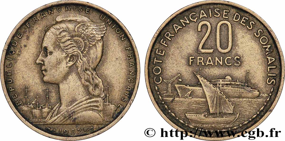 CÔTE FRANÇAISE DES SOMALIS 20 Francs 1952 Paris TTB 
