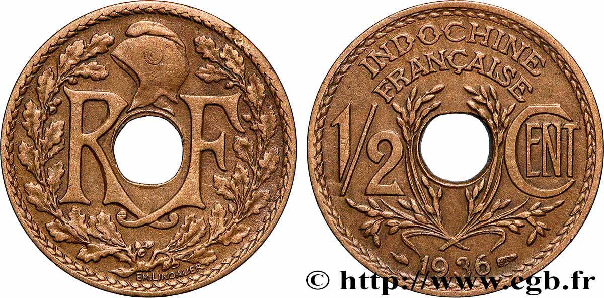 FRENCH INDOCHINA 1/2 Centième 1936 Paris XF 