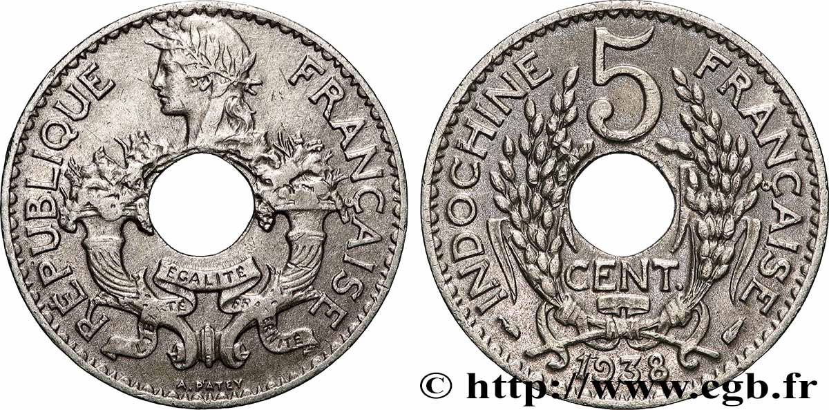FRENCH INDOCHINA 5 Centièmes 1938 Paris XF 