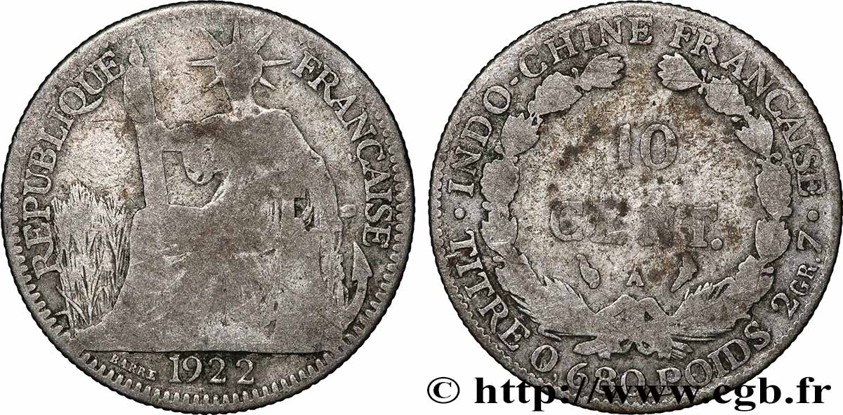 INDOCHINE FRANÇAISE 10 Centièmes 1922 Paris TB 