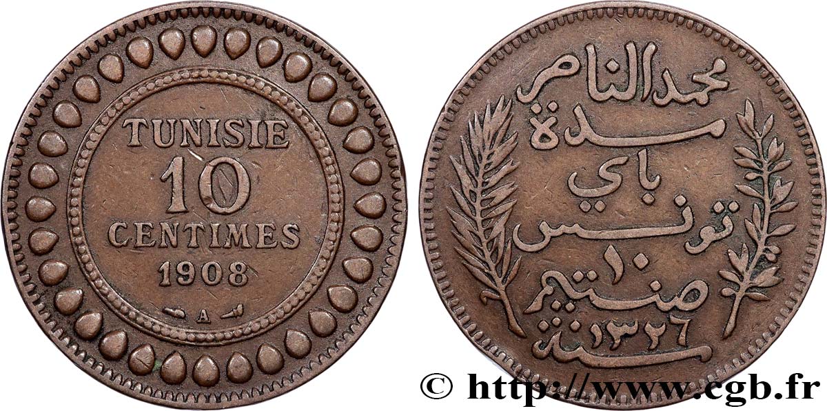 TUNISIE - PROTECTORAT FRANÇAIS 10 Centimes AH1326 1908 Paris TTB 